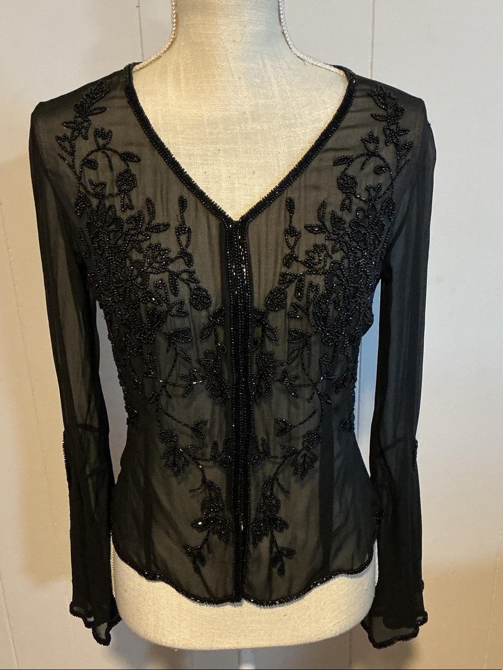 Scala Black Sheer Beaded V-Neck Blouse